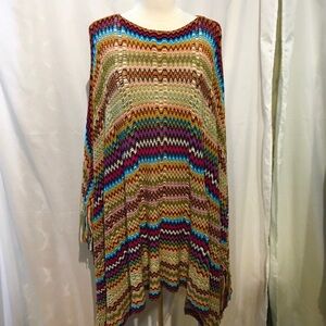 Missoni Multicolor Rainbow Zigzag Knit Poncho with Fringe on Sides